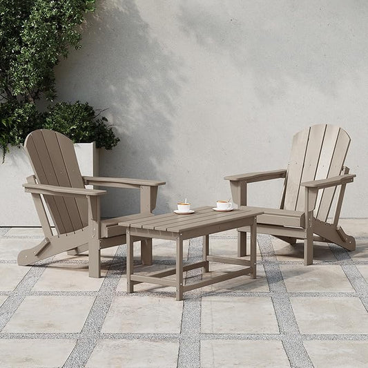Costaelm Lakeview 3-Piece Adirondack Chairs with Cup Holders and Coffee Table Set, Weathered Wood