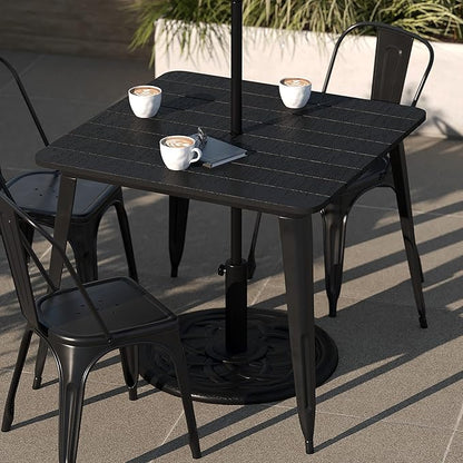 Taylor & Logan Ani Outdoor Dining Table with Umbrella Hole, 36" Square All Weather Black Poly Resin Top and Black Steel Base