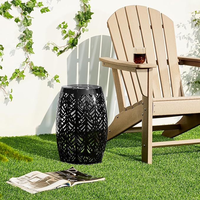 Glitzhome 18.25" H Outdoor Side Table with Leaf Pattern Solar Powered Light, Iron Cutout Drum Garden Stool Solar Decorative Lanterns, Metal End Table Plant Stand for Indoor Outdoor, Black