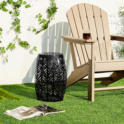 Glitzhome 18.25" H Outdoor Side Table with Leaf Pattern Solar Powered Light, Iron Cutout Drum Garden Stool Solar Decorative Lanterns, Metal End Table Plant Stand for Indoor Outdoor, Black