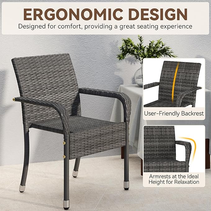 Yaheetech Set of 2 Stackable Outdoor Rattan Dining Chairs, All-Weather Firepits Armchair w/Armrests, Steel Frame for Garden, Patio, Deck, Yard, Poolside, Gray