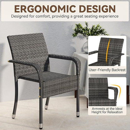 Yaheetech Set of 2 Stackable Outdoor Rattan Dining Chairs, All-Weather Firepits Armchair w/Armrests, Steel Frame for Garden, Patio, Deck, Yard, Poolside, Gray