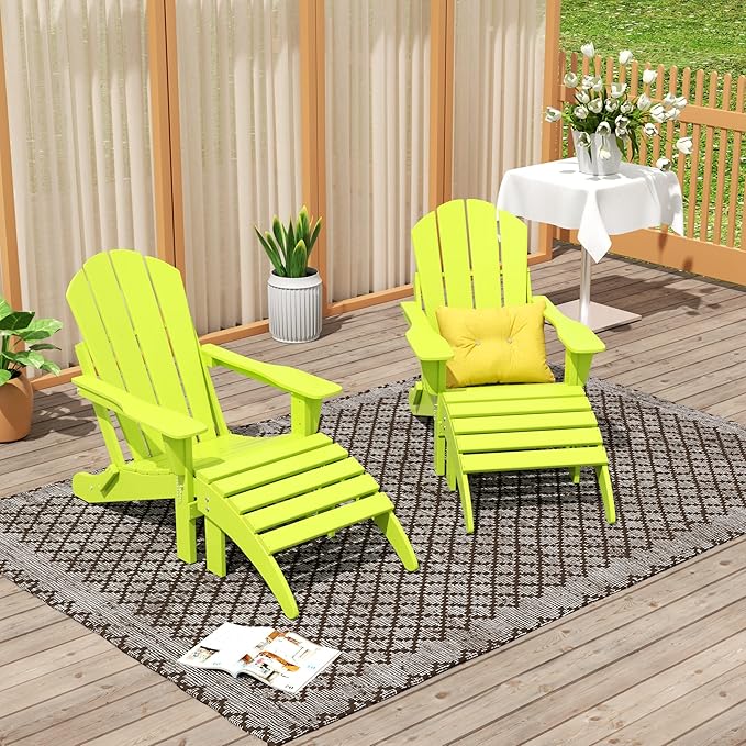 WO Home Furniture Adirondack Chair Outdoor Ottoman Set of 2 PCS Classic Patio Furniture (Lime)
