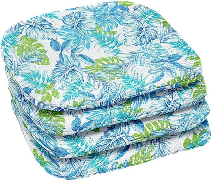 BrylaneHome Indoor/Outdoor Chair Pads (Set of 4) - 16" L x 15.6" W - Water, Stain & Fade Resistant - Blue Fern