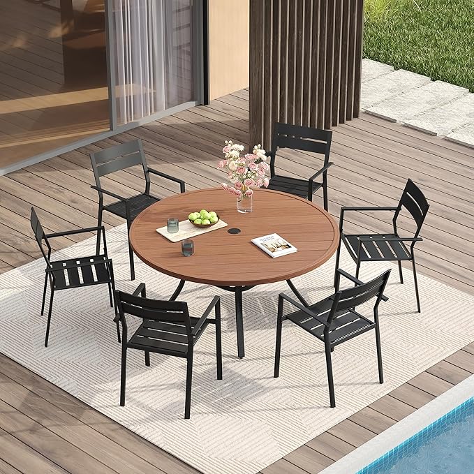 VICLLAX 47.2" Round Patio Table for 6, All Weather Metal Outdoor Dining Table with Adjustable Umbrella Hole - Photo 7
