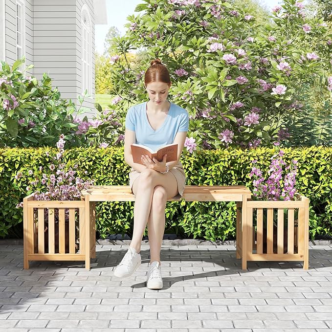 HAPPYGRILL Patio Wooden Bench with Planter, 2 Person Patio Bench with/ 2 Side Flower Box, Slot Design for Easy Assembly - Photo 9