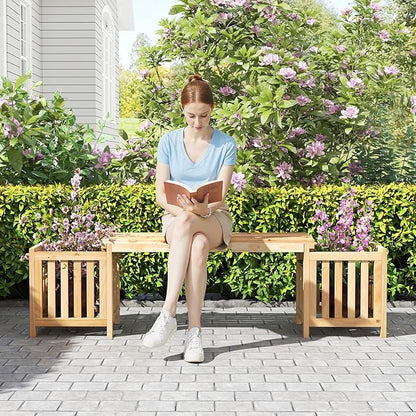 HAPPYGRILL Patio Wooden Bench with Planter, 2 Person Patio Bench with/ 2 Side Flower Box, Slot Design for Easy Assembly, Natural Fir Wood Frame, Outdoor Garden Bench Seat for Patio, Garden, Backyard