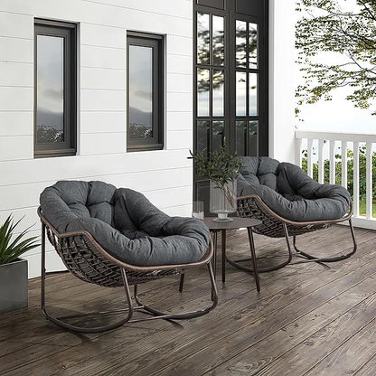 Large Indoor Outdoor Rocking Chair, Oversized Rocking Papasan Chair with Thick Cushion and Frame Outdoor Rocker, Comfy Wicker Egg Chairs Lounge for Outside Porch Patio Backyard (Dark Grey, Set of 2)