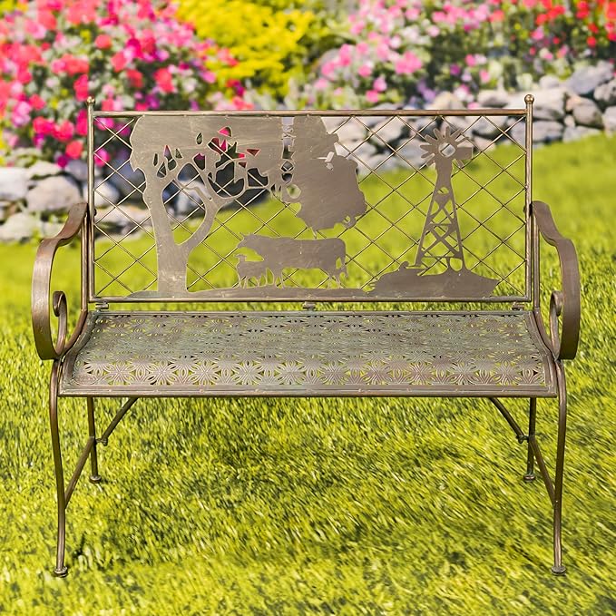 Classic Iron Garden Bench with Nature Scenery (Cow & Windmill Backrest in Bronze)