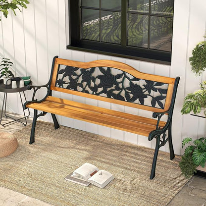 Giantex Outdoor Bench with Slatted Seat, Curved Armrests, Flower Pattern Backrest, 470 Lbs Capacity, Cast Iron Metal Patio Bench for Garden, Outside, Lawn, Porch, Yard, Park Bench