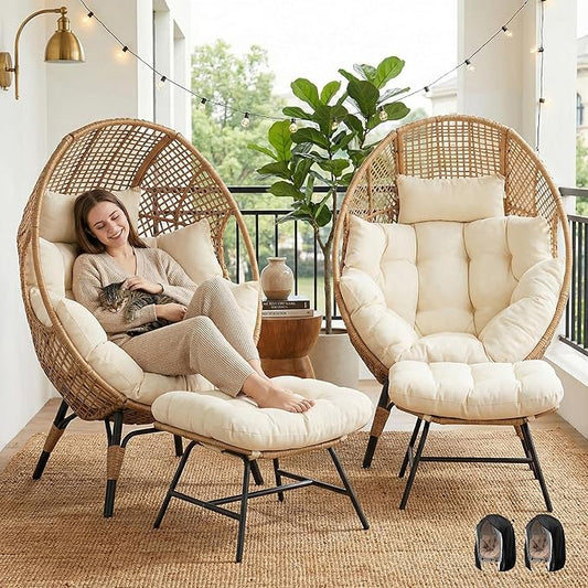 NICESOUL 2 Person Oversized Indoor Outdoor Egg Chair with Ottoman, Wicker Patio Deep Egg Seat with Beige Thick Cushion & Foot Rest, Large Stationary Lounge Chair for Balcony Bedroom, 2 Sets w/Cover