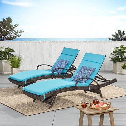 Christopher Knight Home Salem Outdoor Wicker Adjustable Chaise Lounges with Arms, with Cushions, 2-Pcs Set, Multibrown / Blue