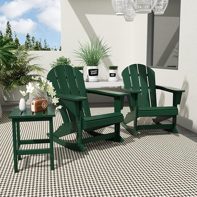 WO WESTIN OUTDOOR HDPE Laguna Outdoor Rocking Poly Adirondack Chair with Side Table 3-Piece Set, Dark Green