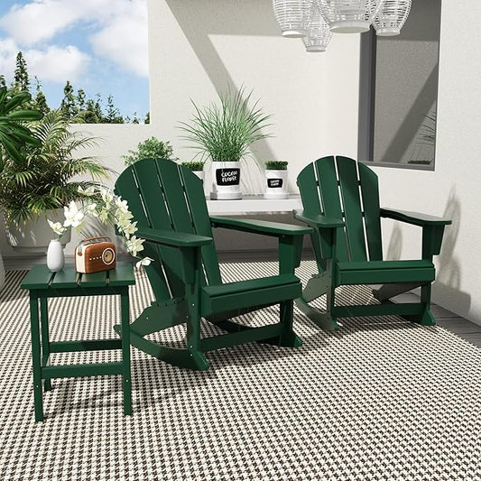 WO WESTIN OUTDOOR HDPE Laguna Outdoor Rocking Poly Adirondack Chair with Side Table 3-Piece Set, Dark Green