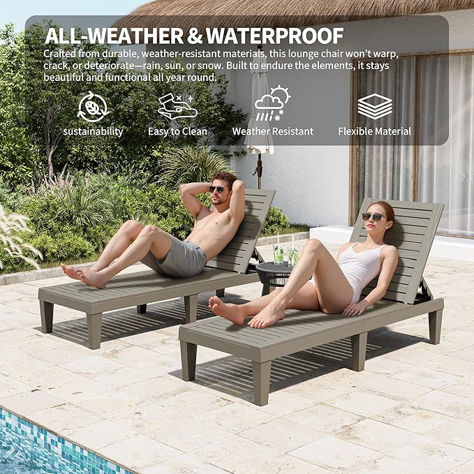 Outdoor Chaise Lounge Chairs Set of 2, 5-Position Adjustable Tanning Lounge Chairs with Wood Texture, All-Weather Resin Patio Lounge Chair for Pool, Garden, Deck, Beach, Striped Grey
