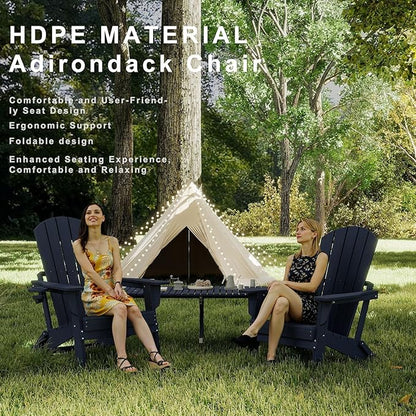 Folding Adirondack Chair，Wooden Textured Fire Pit Chair with Cup Holder, Heavy All-Weather HDPE Plastic Outdoor Patio Chairs for Poolside Backyard Patio Outdoor Garden