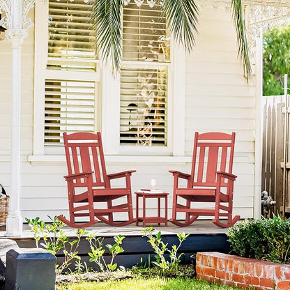 LUE BONA Outdoor Rocking Chairs Set of 2, HDPS Porch Rocker with High Back, Plastic Weather Resistant Rocking Chairs for Outdoor Indoor, Garden, Backyard, 350lb, Bright Red