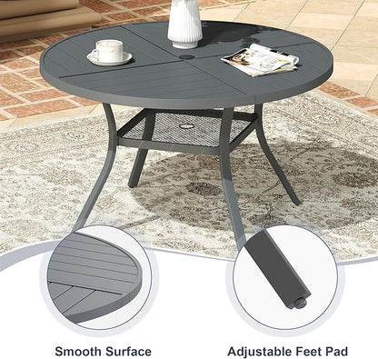 VICLLAX 40.6" Round Patio Dining Table for 4, All Weather Metal Outdoor Table with 1.57" Umbrella Hole and Storage Shelf for Garden Lawn Deck, Dark Grey