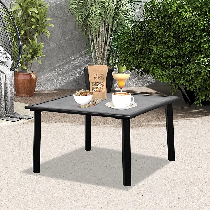 Domi Outdoor Low-Profile Side Table, Square End Table with Sturdy Metal Frame & All-Weather Resin Table Top, Patio Coffee Table for Garden, Backyard, Poolside, Deck, Grey (25.6” L x 25.6” W x 15” H)