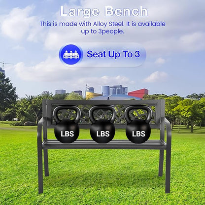 24/7 Shop at Home Lance 46 Inch Modern Metal Outdoor Bench with Back, All Weather Resistant and Non-Slip Footrest, Front Porch Furniture for Yard, Lawn, Park, Patio, Garden Chair, Black