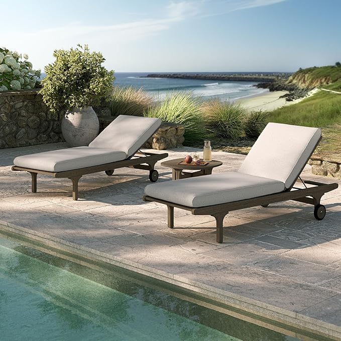 Modway Saratoga Teak Wood Set of 2 Chaise Lounge Chairs and Side Table in Pebble - 3-Piece Outdoor Furniture Set