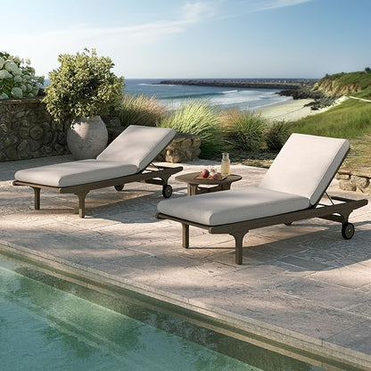Modway Saratoga Teak Wood Set of 2 Chaise Lounge Chairs and Side Table in Pebble - 3-Piece Outdoor Furniture Set