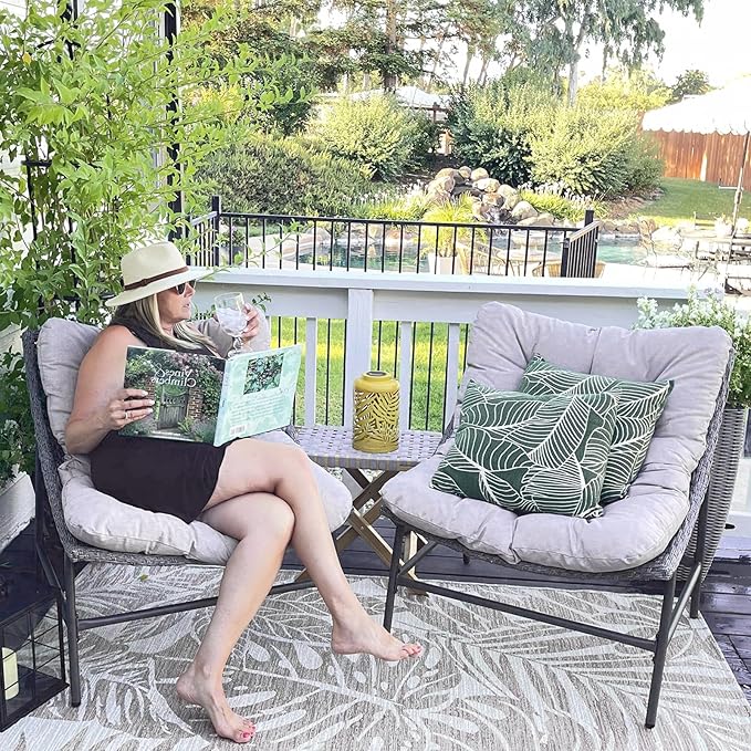 PHI VILLA Outdoor Papasan Chairs Set of 2, Oversized Scoop Wicker Chairs with Cushions & Steel Frame - Photo 6