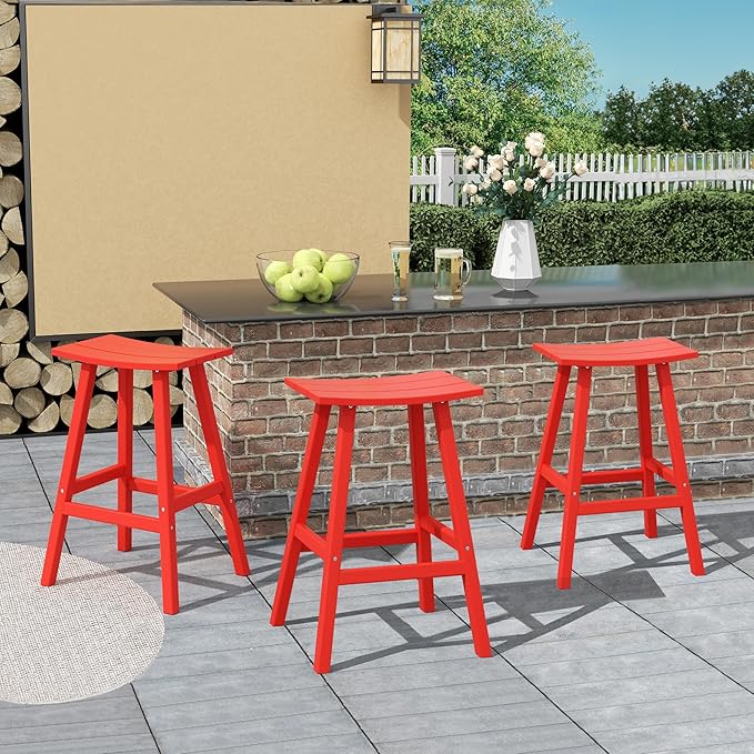 Costaelm All-Weather Bar Stools Set of 3, 29" Height Outdoor Bar Stools, Adirondack Poly Patio Bar Stool for Patio, Deck, Kitchen Counter and Garden, Red
