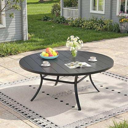 Outdoor Dining Table for 8, 60" Round Outdoor Table with Adjustable Umbrella Hole, All-Weather Metal Patio Dining Table for Lawn Garden Backyard Deck, Black