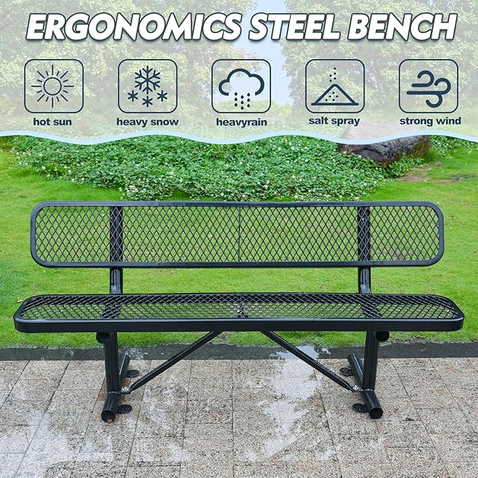 Heavy Duty Metal Park Bench for Outside, Outdoor Garden Benches with Backrest & Portable Frame, Expanded Metal Mesh Bench for Shopping Malls, Lawn, Park, Deck, Patio, Porch (Black, 6FT/72INCH)