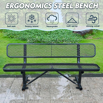 Heavy Duty Metal Park Bench for Outside, Outdoor Garden Benches with Backrest & Portable Frame, Expanded Metal Mesh Bench for Shopping Malls, Lawn, Park, Deck, Patio, Porch (Black, 6FT/72INCH)