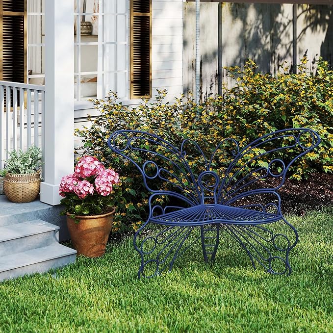 Navy Blue Cute Butterfly Benches for Outdoors, Pretty Garden Bench & 50" Metal Outside Bench, Front Porch Benches Outdoor with Sturdy Frame for Lawn Yard Balcony (Navy Blue)