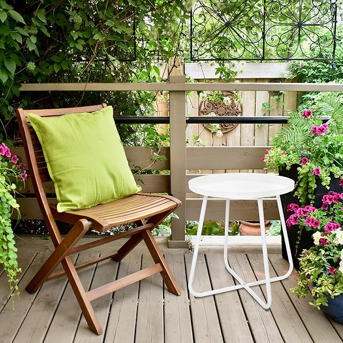 CODIN Set of 2 Outdoor Side Table Outdoor, Metal Side Table Small Round Side Table Weather Resistant End Table Patio Table for Garden Porch Balcony Yard Lawn (2, White)