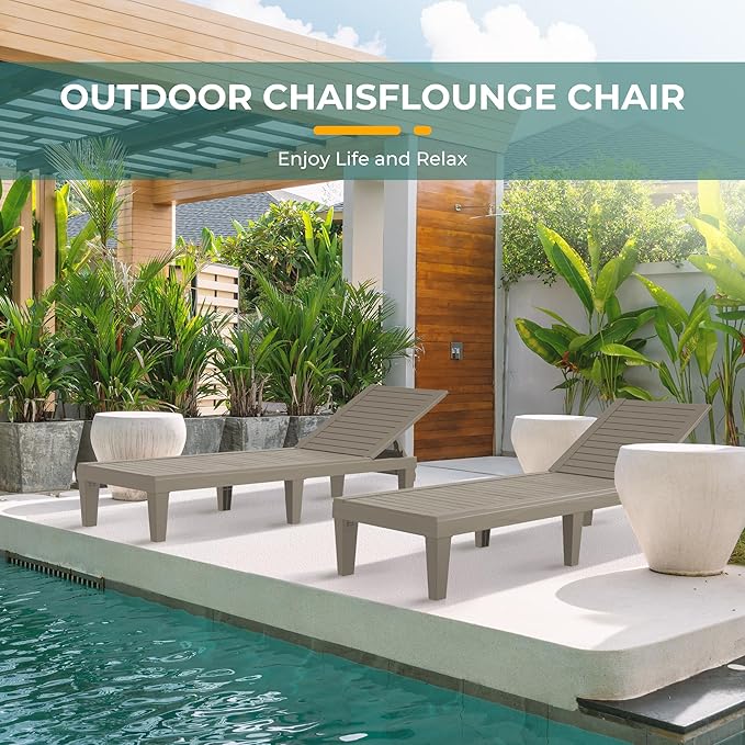 2 Patio Lounge Chair, Resin Outdoor Chaise Lounge with Waterproof Design & Lightweight Frame - Photo 2