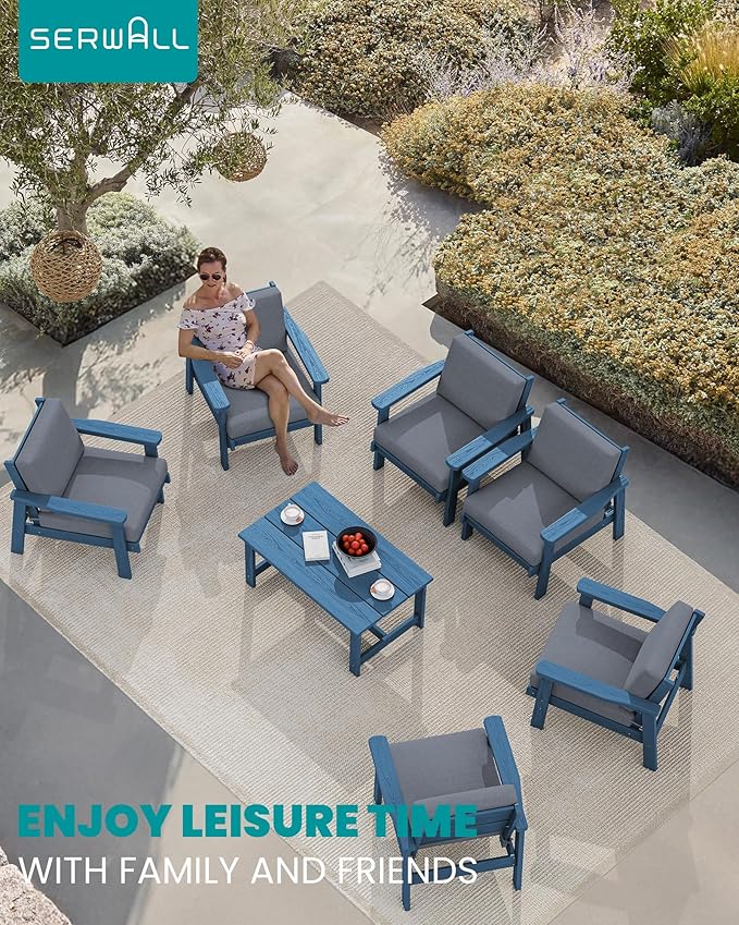 SERWALL HDPE Outdoor Furniture Set, 7 Piece All Weather Wood-Like Outdoor Sofa Sectional Couch - Photo 9