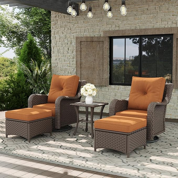 5 Piece Patio Furniture Set, All-Weather Wicker Outdoor Conversation Set with Swivel Rocking Chair and 6 Inch Thick - Photo 1