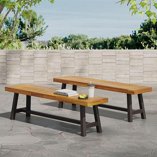 Merax 2 Pack Outdoor Acacia Wood Patio Bench, Garden Benches for Porch Park Yard Backyard Lawn, Brown+Black