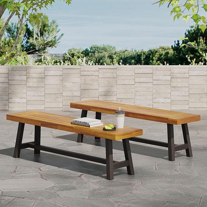 Outdoor Bench Set of 2 - Modern Industrial Acacia Wood Patio Benches, Weather-Resistant Powder-Coated Metal Frame & Slat Design, Backyard Garden Seating (63" W Each) (Brown)