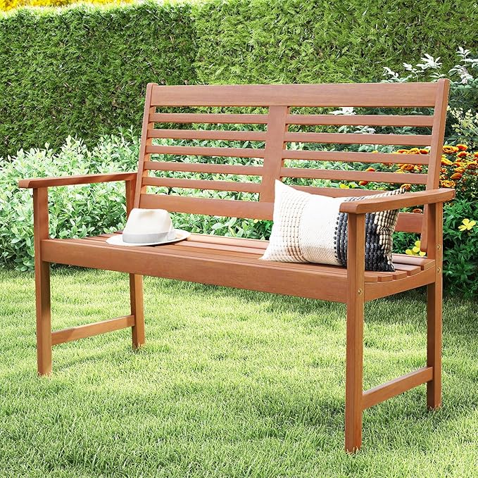 Tangkula Wood Outdoor Bench, 2-Person Patio Bench with Ergonomic Backrest & Armrests, Slatted Seat, Teak Oil Finish, for Front Porch, Backyard, Park, Loads up to 660 LBS