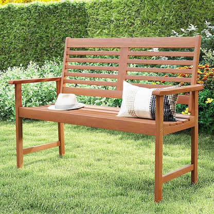 Tangkula Wood Outdoor Bench, 2-Person Patio Bench with Ergonomic Backrest & Armrests, Slatted Seat, Teak Oil Finish, for Front Porch, Backyard, Park, Loads up to 660 LBS