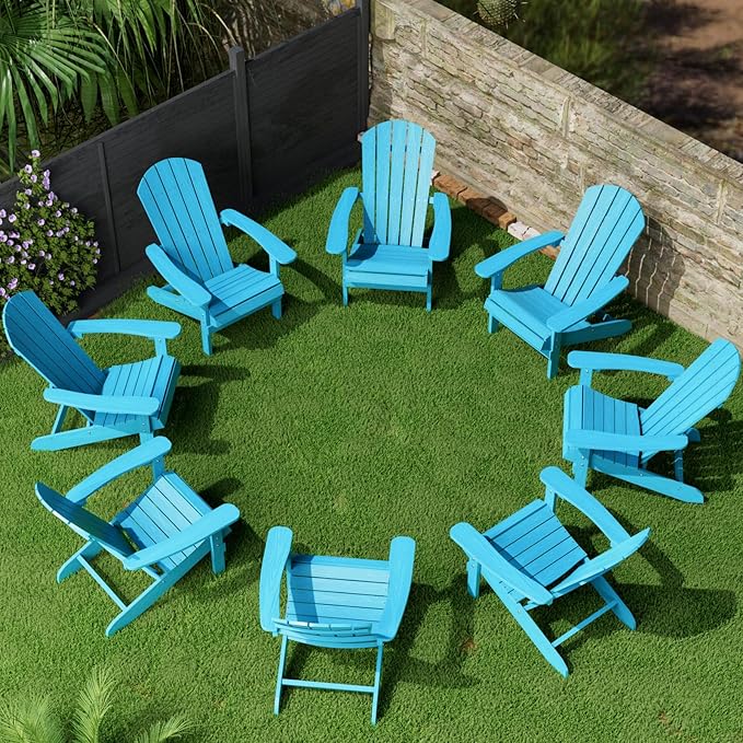 YEFU Adirondack Chairs Set of 8: Outdoor Chair HIPS Plastic Adirondack Chairs - Patio Chairs with Wood Texture - Lawn Fire Pit Deck Porch Garden Chairs for Adults(Pacific Blue)