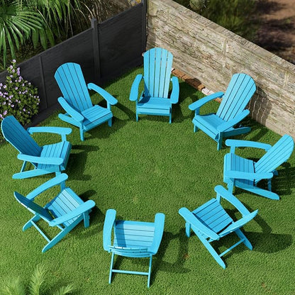 YEFU Adirondack Chairs Set of 8: Outdoor Chair HIPS Plastic Adirondack Chairs - Patio Chairs with Wood Texture - Lawn Fire Pit Deck Porch Garden Chairs for Adults(Pacific Blue)