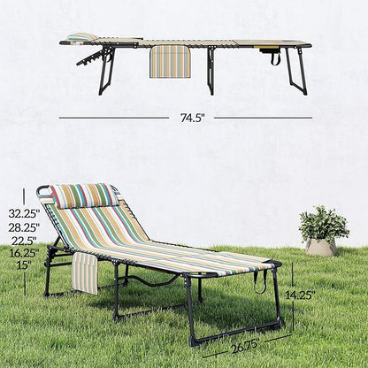 Outsunny 2 Piece Folding Chaise Lounge with 5-Level Reclining Back, Tanning Chair with Face Hole, Outdoor Lounge Chair with Side Pocket & Headrest for Beach, Yard, Patio, Rainbow Striped