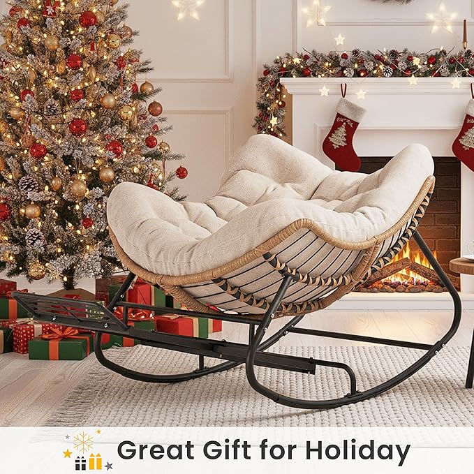 SWITTE Outdoor Papasan Rocking Chair with Adjustable Footrest, Oversized Wicker Zero-Gravity Chair with Cushion - Photo 3