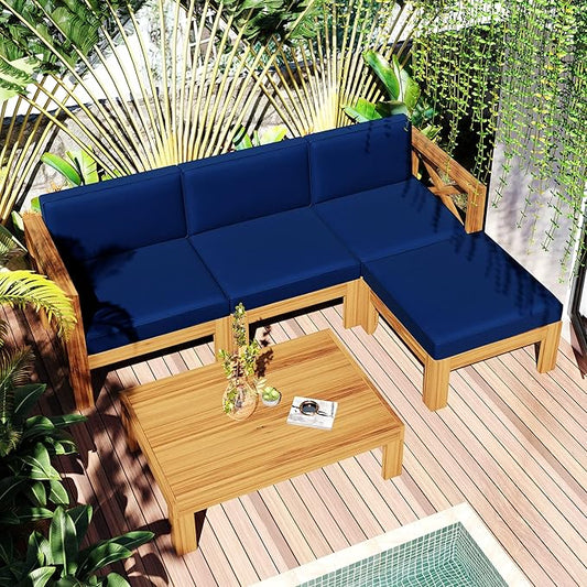 Quarte 5 Piece Outdoor Acacia Wood Sofa Set, X-Back Frames Design, Sectional Sofa Seating Group Set with Cushions
