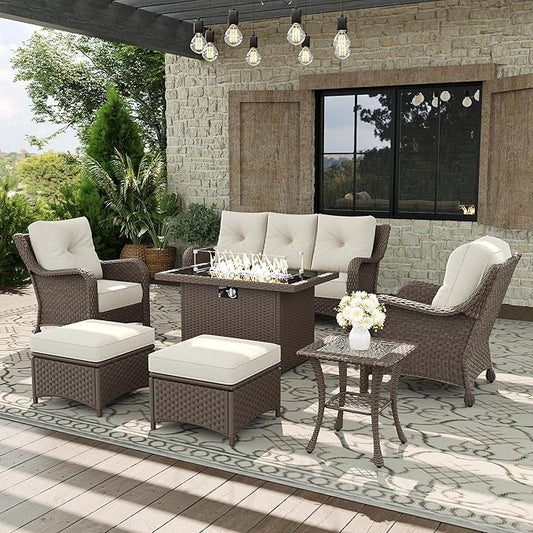 7 Piece Patio Furniture Set with Fire Pit Table, All-Weather Wicker Outdoor Conversation Set with Rattan Chair and 6 Inch Thick Cushions