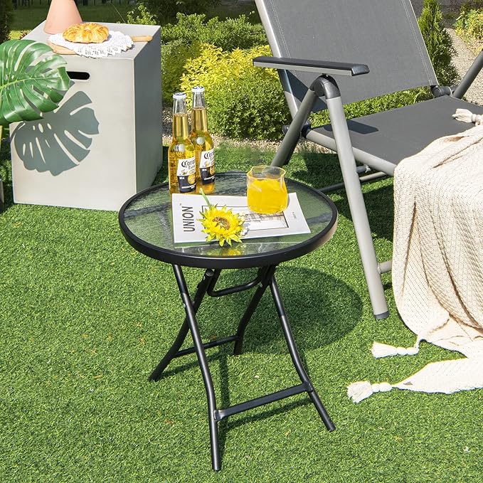 Tangkula Patio Bistro Table, 18" Round Side Table with Tempered Glass Tabletop, Rustproof Frame and Stable X-Shaped Structure, Folding Side Table for Indoor and Outdoor Use