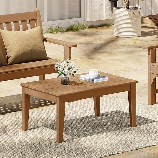 Costaelm Adirondack Outdoor Coffee Table, HDPE Drink Table Weather Resistant, Patio Porch Accent Balcony Table Outdoor End Table for Pool, Seaside, Backyard, Teak