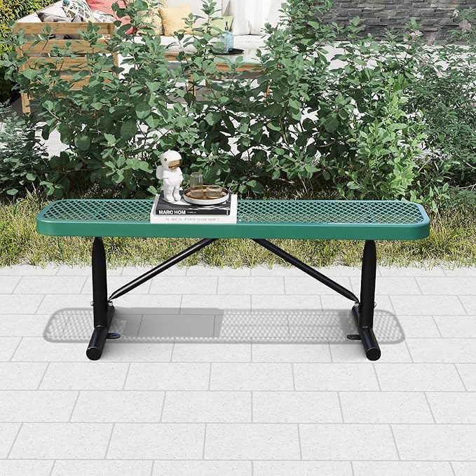 4 Ft Metal Park Benches for Outside, Outdoor Backless Bench with Thermoplastic Coating, Portable Frame, Commercial Expanded Metal Mesh Bench for Shopping Mall, Store, Park, Patio, Deck, Green
