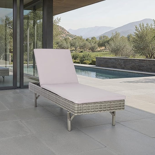 SAFAVIEH Outdoor Collection Cam Grey Wicker/Grey Cushion Adjustable Chaise Lounge Chair, Black/Beige (PAT7501B)